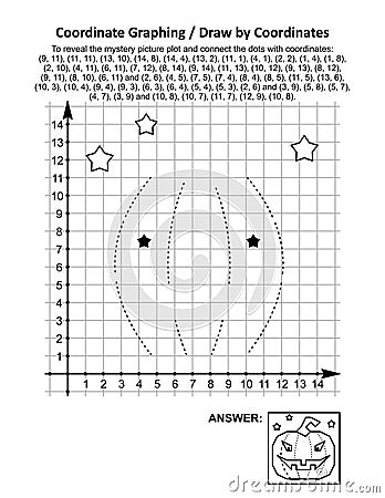 Coordinate graphing, or draw by coordinates, math worksheet with Halloween pumpkin Vector Illustration