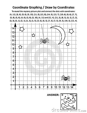 Coordinate graphing, or draw by coordinates, math worksheet with Halloween witch`s shoes Vector Illustration