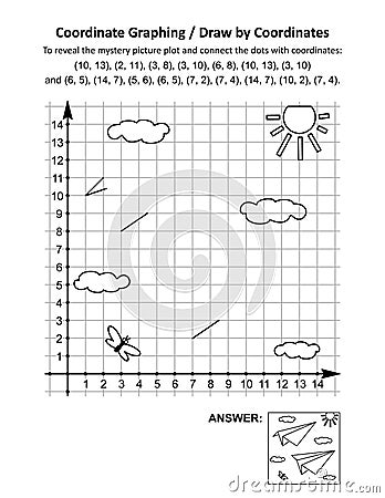 Coordinate graphing, or draw by coordinates, math worksheet with paper planes Vector Illustration