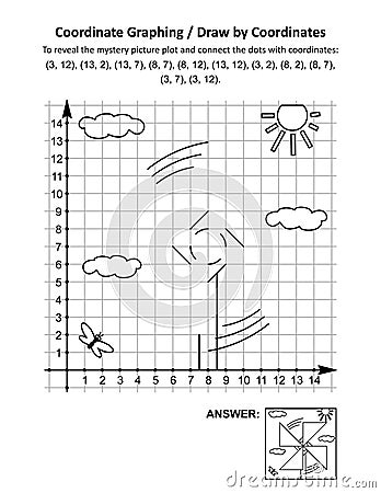 Coordinate graphing, or draw by coordinates, math worksheet with pinwheel toy Vector Illustration