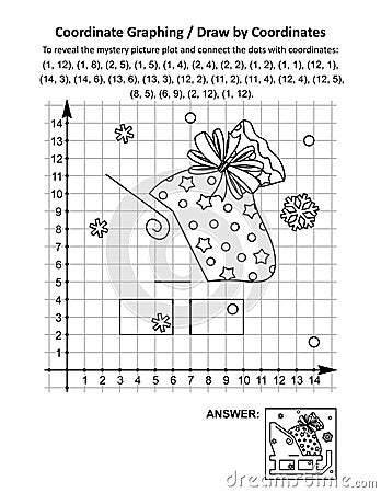 Coordinate graphing, or draw by coordinates, math worksheet with Santa`s sack on the sleigh Vector Illustration