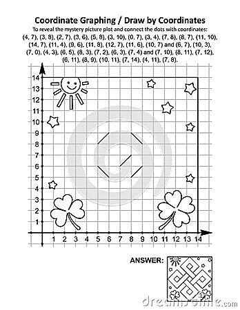 Coordinate graphing, or draw by coordinates, math worksheet with St Patrick`s Day celtic design Vector Illustration