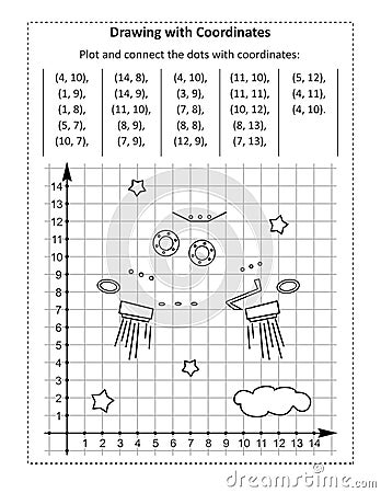 Coordinate graphing, or drawing by coordinates, math worksheet with ufo: Reveal the mystery picture by plotting and connecting the Vector Illustration
