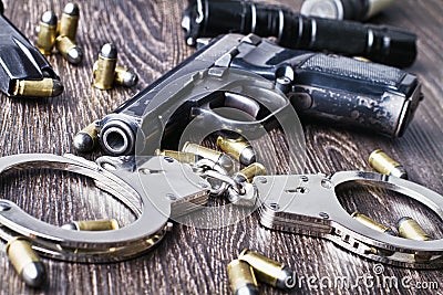 Cop equipment on table. Stock Photo