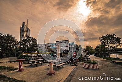 The new Copa Beach on the New Danube in summer, in Vienna, Austria Editorial Stock Photo