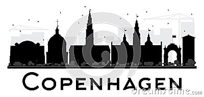Copenhagen City skyline black and white silhouette. Cartoon Illustration