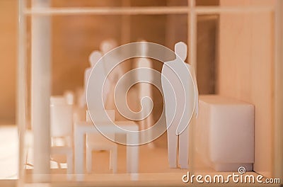 Family with people on social distance, cardboard layout model, human relationships and communication of them Stock Photo