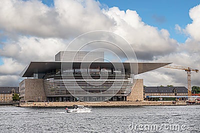 Frontal view, Opera house under blue cloudscape, Copenhagen, Denmark Editorial Stock Photo