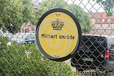 Military area sign on the fence of Rosenborg Castle Editorial Stock Photo