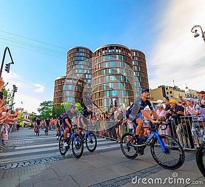 Copenhagen, Denmark - June 29 2022: Movistar Team cycling with colorful Palads Cinema in the background at the Team Presentation Editorial Stock Photo