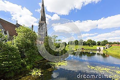 Old Citadel, Kastellet, view on bridge, King Gate and Alban Church, Copenhagen, Denmark Stock Photo