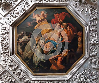 Paintings with sea scenes and Neptune on ceiling of the 17th century Rosenborg Castle Editorial Stock Photo