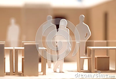 People meeting and talking, wooden and cardboard layout, model of human communication Stock Photo