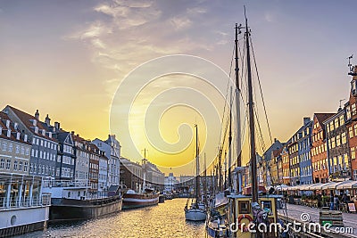 Copenhagen Denmark sunset at Nyhavn harbour Stock Photo