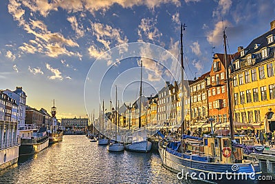 Copenhagen Denmark sunset at Nyhavn harbour Stock Photo