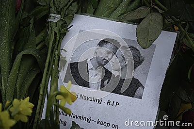 in memory of Aleksej Navalnyj flowers in front of the russian embassy in Copenhagen Editorial Stock Photo