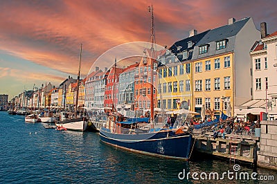 Copenhagen Nyhavn city with beautiful and colorful sunset Editorial Stock Photo