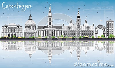 Copenhagen Skyline with Gray Landmarks, Blue Sky and Reflections Stock Photo