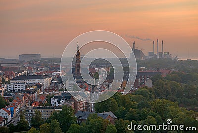 Copenhagen skyline at sunrise, smog over the city Stock Photo