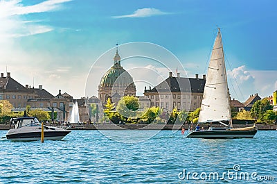 Copenhagen skyline, yacht and boats in city harbor, Denmark Stock Photo