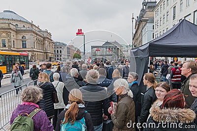 Copenhagen, Zealand Denmark - 29 9 2019: First people waiting in que to try new M3 Cityringen metro line in Copenhagen Editorial Stock Photo