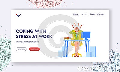 Coping with Stress at Work Landing Page Template. Stressed Businesswoman Sit with Flashes and Exclamation Marks Vector Illustration