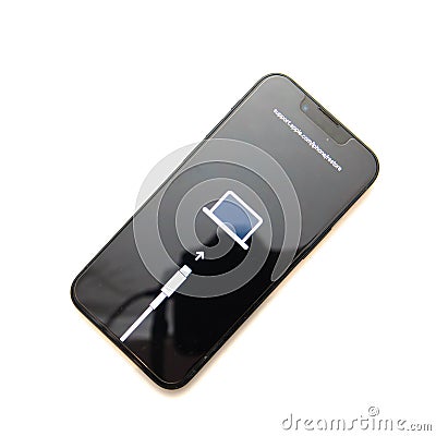 Top view Apple iPhone mini 13 showing support .apple.com iphone restore issue error message isolated on white background, need to Editorial Stock Photo