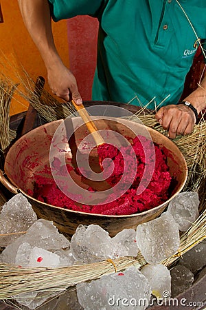 Copper bowl ice cream, traditional Ecuadorian Editorial Stock Photo