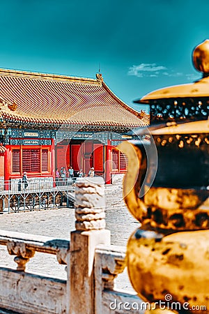 BEIGING, CHINA- MAY 18, 2015 : Copper bowl inside territory of the Forbidden City Museum in Beijing, in the heart of city,China Editorial Stock Photo