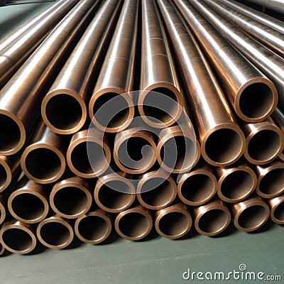 Copper bronze heat exchanger pipes. Heavy non-ferrous metallurgy. Factory industrial production of metal cuprum pipes Stock Photo