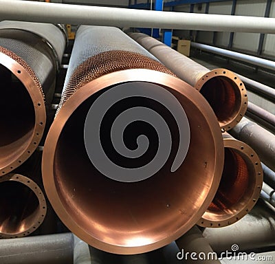 Copper bronze heat exchanger pipes. Heavy non-ferrous metallurgy. Factory industrial production of metal cuprum pipes Stock Photo