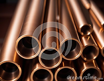 Copper bronze heat exchanger pipes. Heavy non-ferrous metallurgy. Factory industrial production of metal cuprum pipes Stock Photo