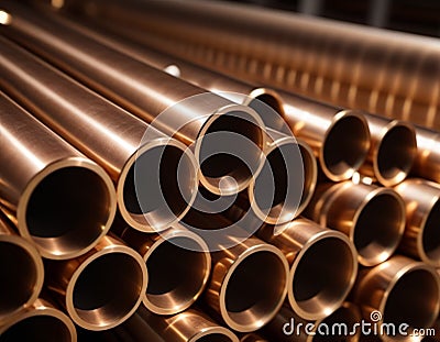 Copper bronze heat exchanger pipes. Heavy non-ferrous metallurgy. Factory industrial production of metal cuprum pipes Stock Photo