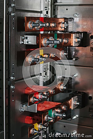 Copper busbar. Uninterrupted power. Electrical power. low-voltage compartment Stock Photo
