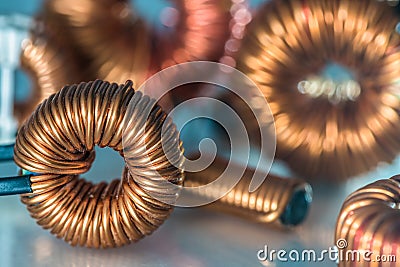 Copper coil and parts of electrical installation Stock Photo
