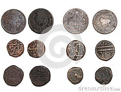 Copper Coins of Indore Princely State Holkar Rulers Stock Photo