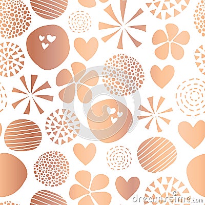 Copper foil abstract seamless vector pattern with flowers, dots, hearts on white background. Cute rose gold metallic foil feminine Vector Illustration