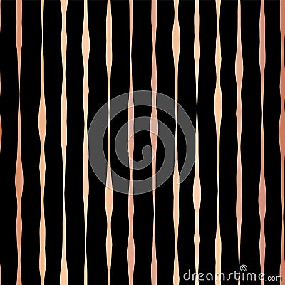 Copper foil hand drawn vertical lines elegant seamless vector pattern. Rose golden wavy irregular stripes on black background. For Vector Illustration