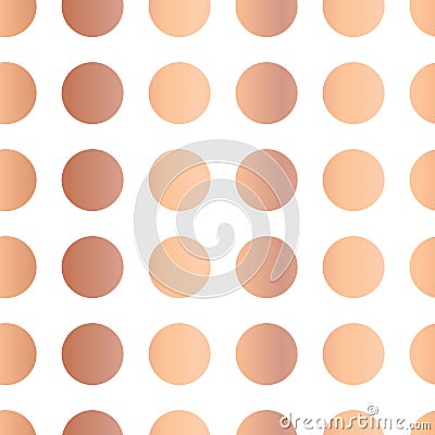 Copper foil polka dots pattern. Circles Seamless Vector. Shiny metallic rose gold foil dots on white background. Femine art for Vector Illustration