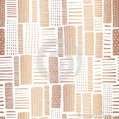 Copper foil textured rectangle seamless vector pattern. Hand drawn rose gold abstract shapes on white background. Banner, pagefill Vector Illustration