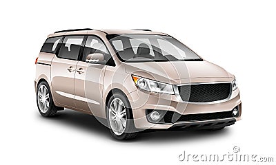 Copper Generic Minivan Car On White Background. Perspective view. 3d illustration With Isolated Path. Cartoon Illustration