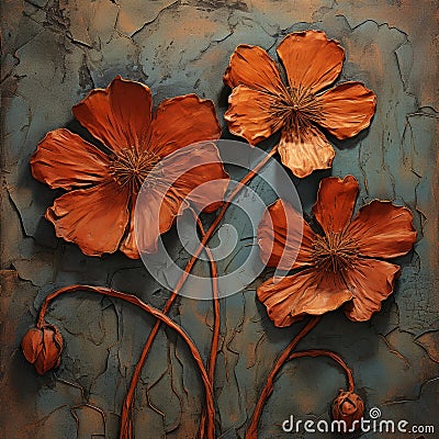 Copper Leaf Oil Painting Of Orange Flowers On Rocks - Peter Gric Style Stock Photo