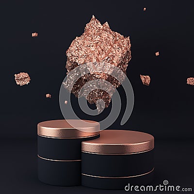 Copper ore pedestals on black background, 3d illustration Cartoon Illustration
