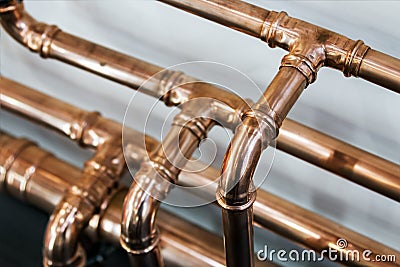 Copper pipes and fittings for carrying Stock Photo