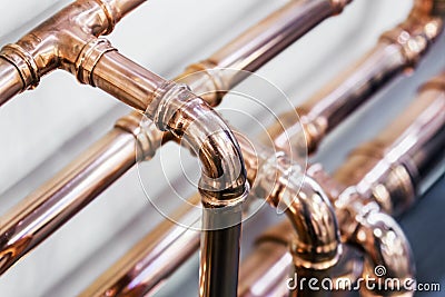 Copper pipes and fittings for carrying out plumbing work Stock Photo