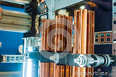 Copper plates in an electric generator close-up Stock Photo