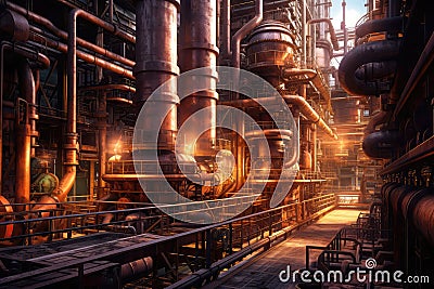 Copper Refinery Plant With Intricate Pipelines And Industrial Machinery. Generative AI Stock Photo