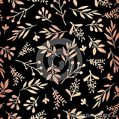 Copper rose gold foil florals on black pattern Vector Illustration