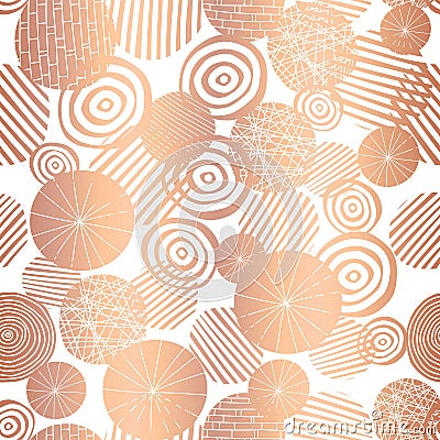 Copper rose gold foil textured circle shapes seamless vector pattern. Shiny metallic abstract circles on white background. Elegant Vector Illustration