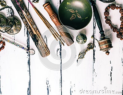 Tibetan religious objects for meditation and alternative medicine Stock Photo